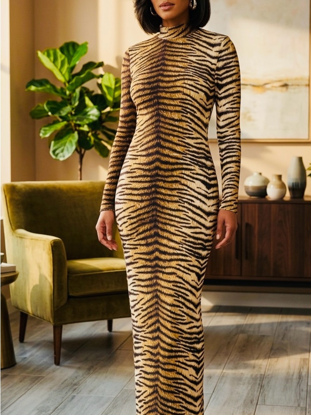 Tiger-Print Turtleneck Maxi Dress - Brown/Black